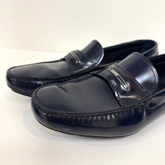 PRADA Patent Leather Navy Blue Silver Metal Logo Plaque Driving Loafer 10 Shoes main image 4